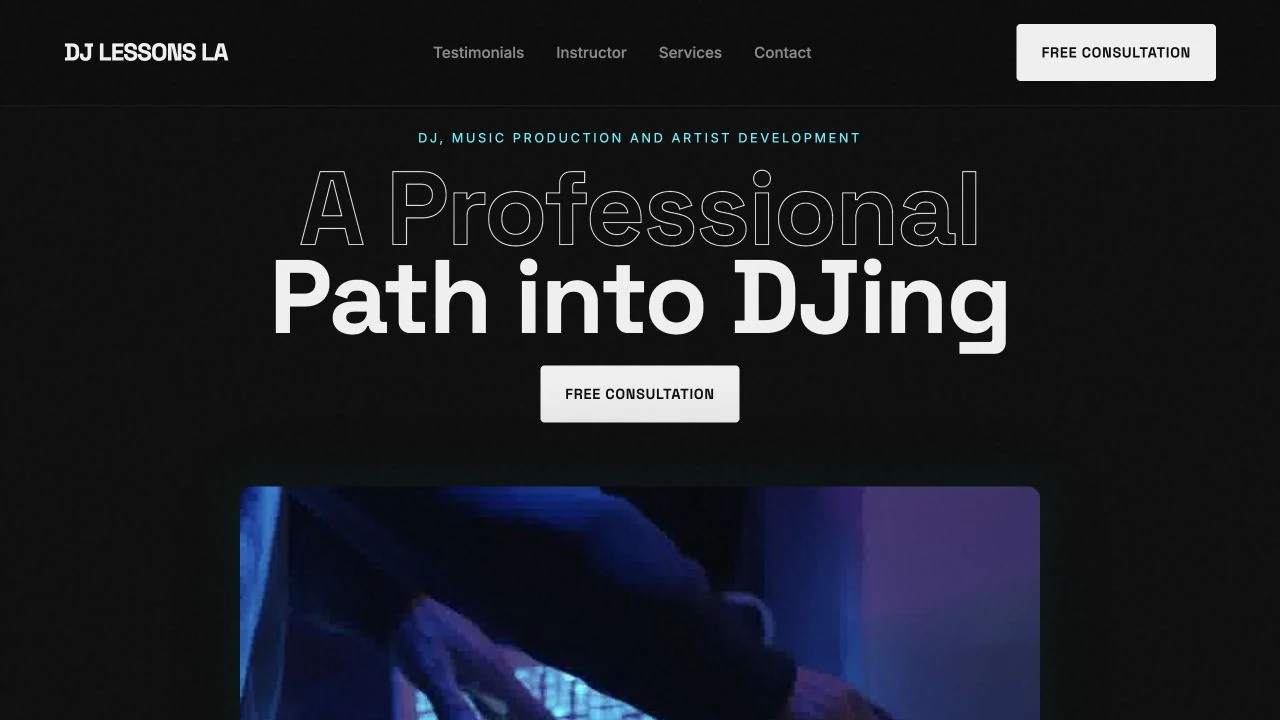 The DJLessonsLA website Alex designed and built, with its lesson offer and consultation path